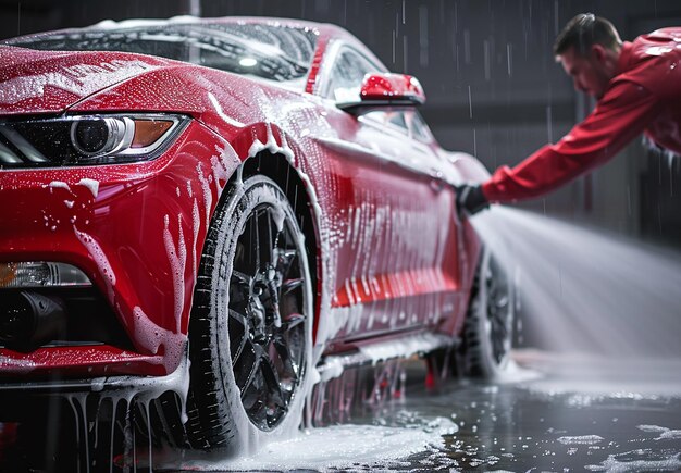 Photo of man washing cleaning a dirty car in car service center