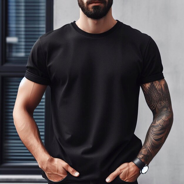 Photo photo man wearing black blank tshirt with space for your logo or design mock up