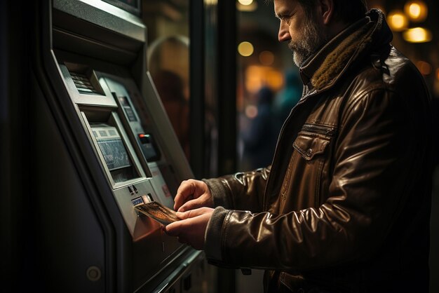 Фотография мужчины в кожаной куртке, использующего банкомат