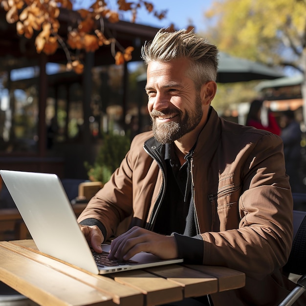 Photo of a man wearing a white tshirt smiling looking at a cellphone screen in a park