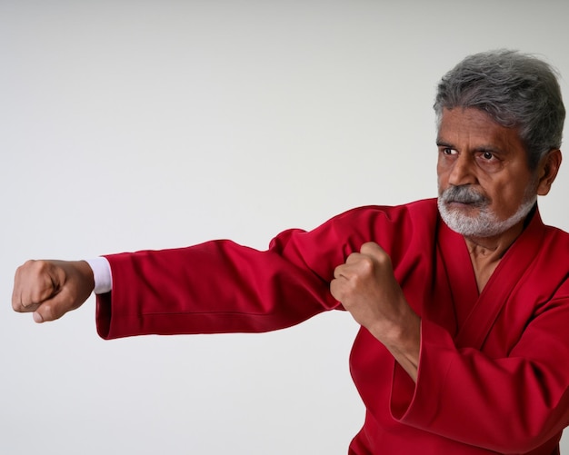 photo man in white kimono training karate