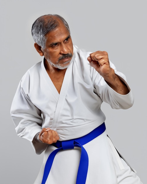 photo man in white kimono training karate