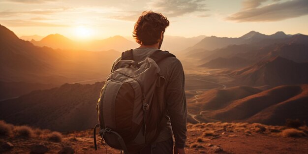 A photo of a man with a backpack his face illuminated by the warm light of dawn with mountains