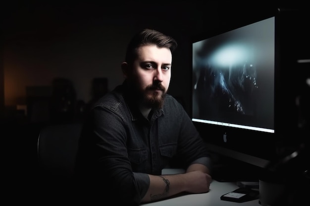 A photo man with beard on dark background