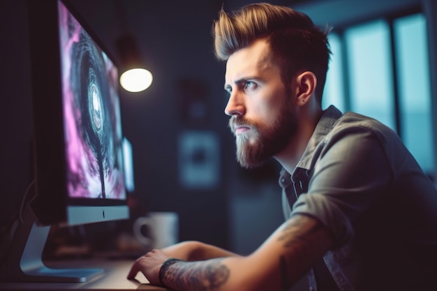 Photo man with short hair do job in deign graphic room