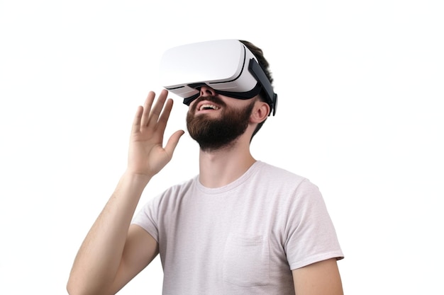 Photo a photo man with white shirt and black beard weraing vr in white wall background