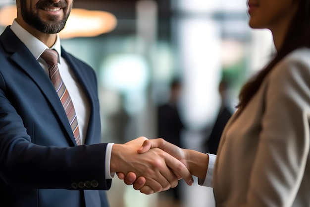 Photo photo of a man and women shaking hands wearing suits in an office