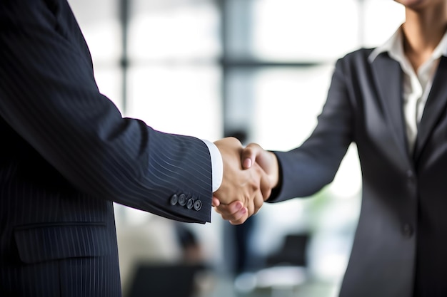 photo of a man and women shaking hands wearing suits in an office