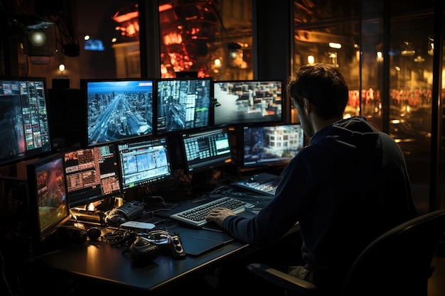 Photo of a man working at a desk with multiple computer screens City traffic control