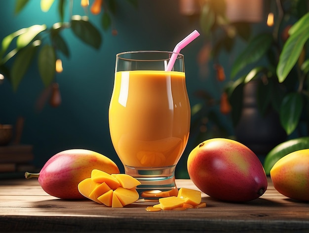 Фото манго сока и манго на столе