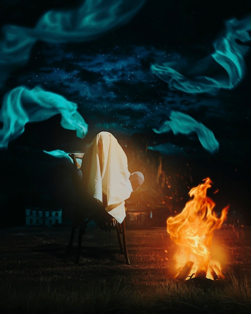 photo manipulation of people sitting on chair feeling hopeless and sad at night with bornfire