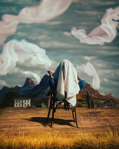 Photo photo manipulation of people sitting on chair feeling hopeless and sad