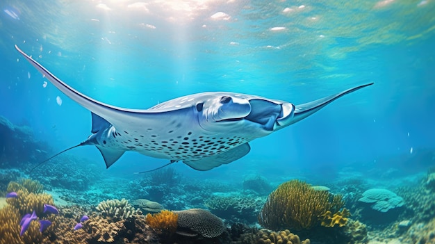 A photo of a manta ray with gentle ocean currents coral reef backdrop