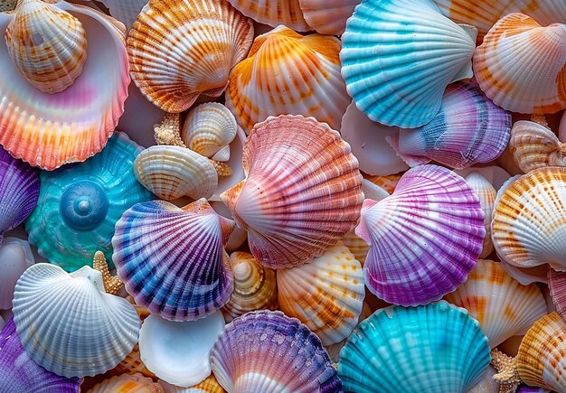 Photo of many seashells are on a white surface and pattern background