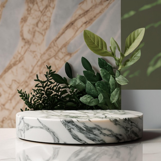 Photo marble pedestal with plants and organic tones generative ai