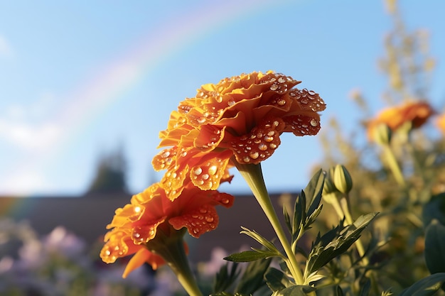 背景に虹がいているマリゴールドの花の写真