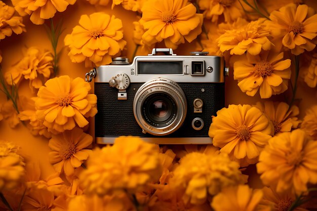 Photo of Marigold flowers with a retro camera in the f