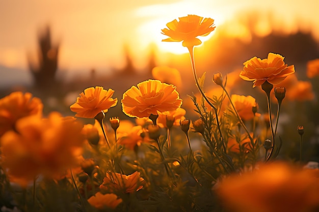 Photo of Marigolds in a field with a sunrise or sunset