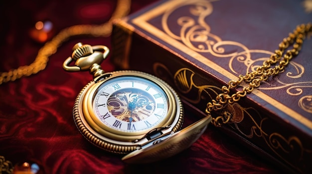 a photo of a maroon and gold pocket watch on an antique book