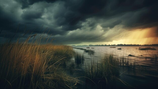 A photo of a marsh with a cluster of cattails stormy sky