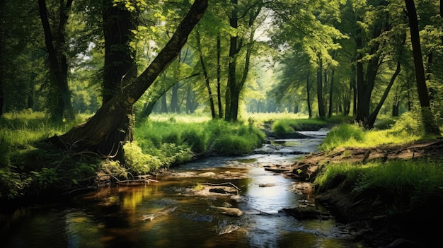 A photo of a marsh with a small stream overhanging trees