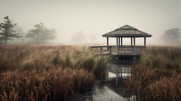 Photo a photo of a marsh with a wooden gazebo foggy atmosphere