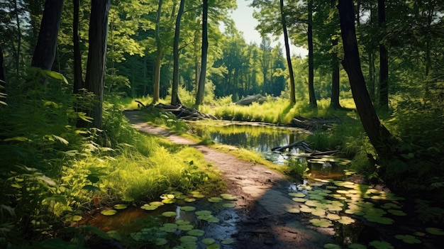 A photo of a marshy terrain with a winding path dappled sunlight