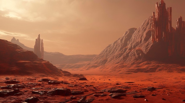 A photo of a Martian landscape with red soil