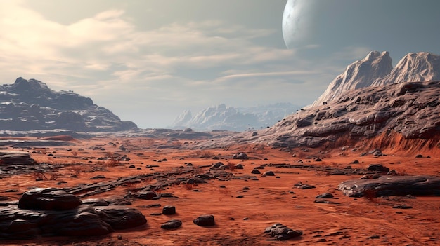 A photo of a Martian landscape with red soil