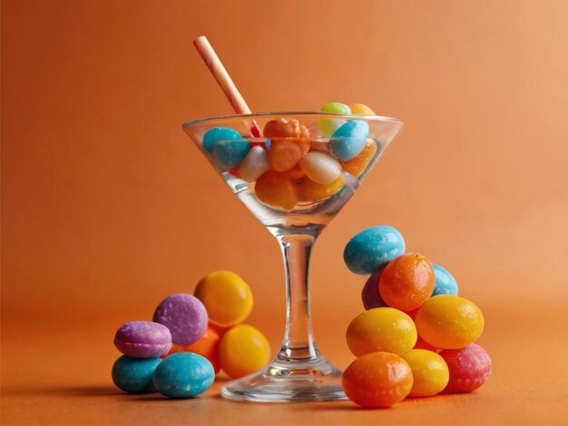 Photo martini glass with many tasty colorful candies on table against orange background