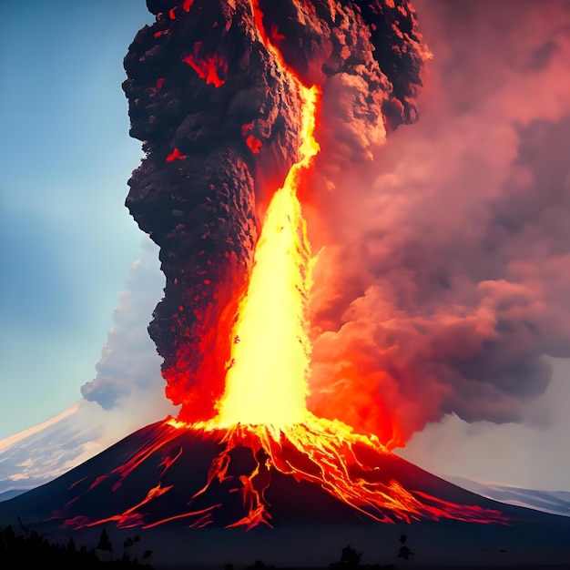 Foto foto massiccia eruzione vulcanica un grande vulcano che erutta lava calda e gas nell'atmosfera 3