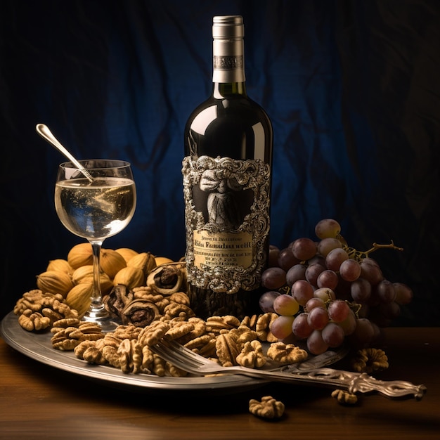 Photo matzoth bottle of kosher wine a silver cup with wine walnuts fruit mix spikes