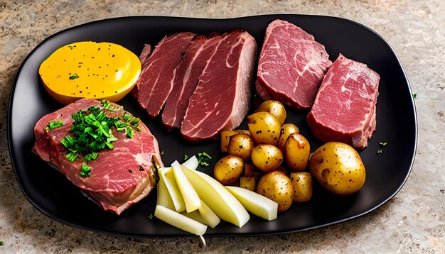 Photo meat plate with potatoes and souce