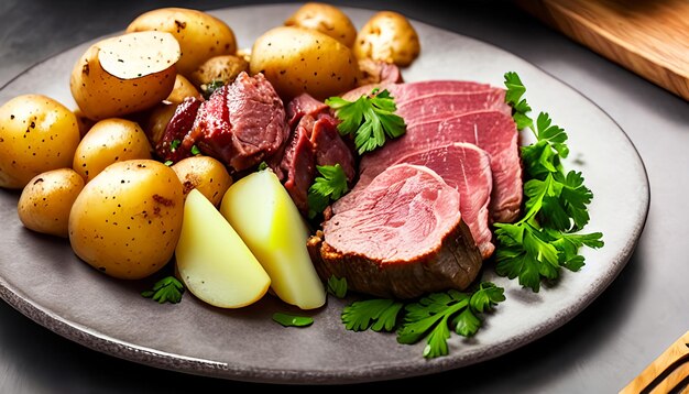 Photo photo meat plate with potatoes and souce