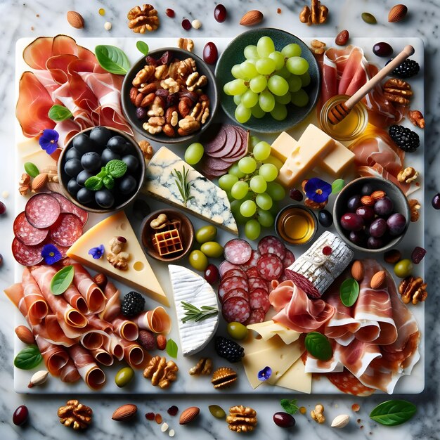 Photo of a meat platter with salami and prosciutto crudo on a charcuterie board as an antipasto appe