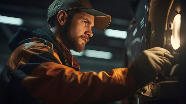 A photo of a mechanic performing a brake inspection