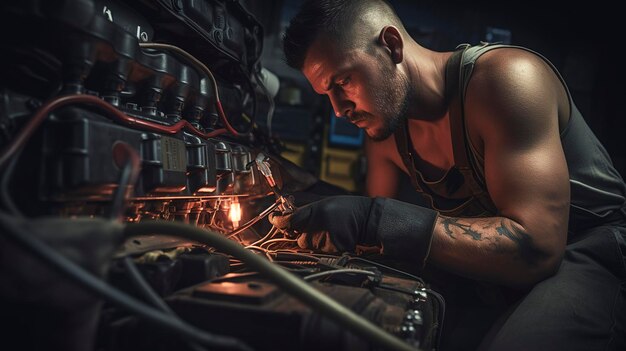 車両の電気配線を修理する整備士の写真