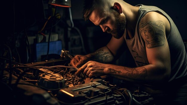 車両の電気配線を修理する整備士の写真