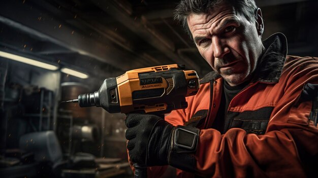 A photo of a mechanic with an impact wrench