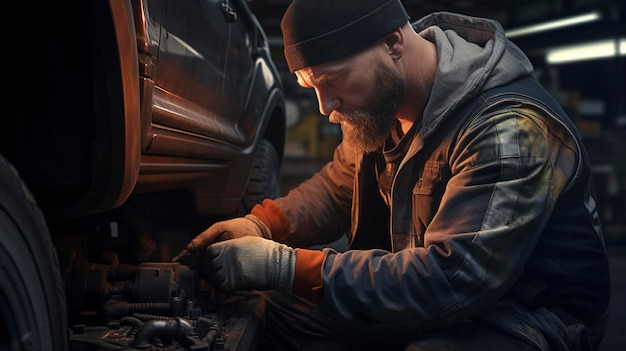A photo of a mechanic working under a car