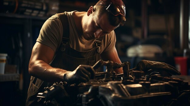 A photo of a mechanic working on an engine