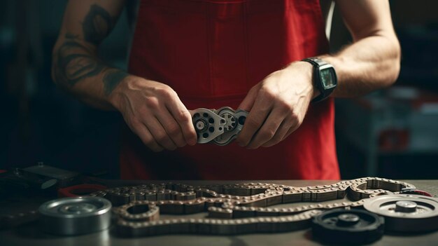 A photo of a mechanics hands adjusting a timing belt