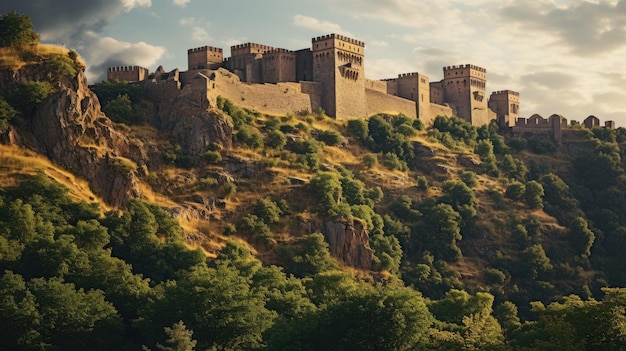 A photo of a medieval fortress on a hill with lush greenery