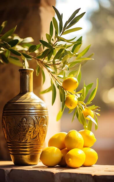 Photo photo of mediterranean terracotta bottle olive branches sunny courtya concept idea creative design