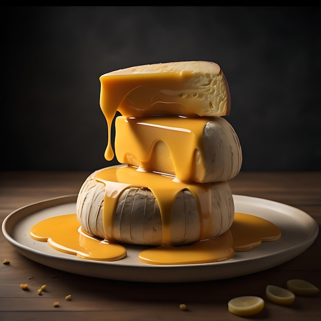 The photo of melted cheese on a plate is very detailed simple and looks very delicious