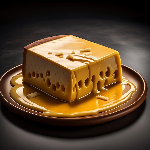 The photo of melted cheese on a plate is very detailed simple and looks very delicious