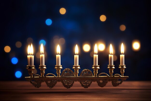 Photo photo menorah with candles near abstract garland lights ai generated