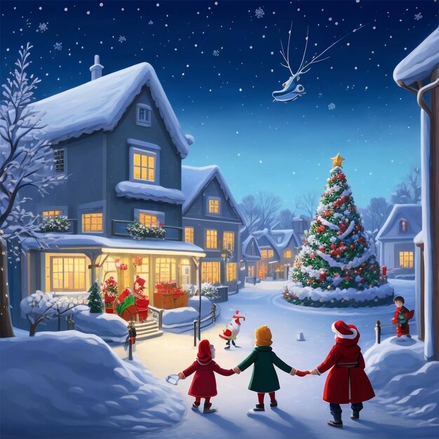 Photo merry christmas celebration beautiful city cartoon style happines and joy