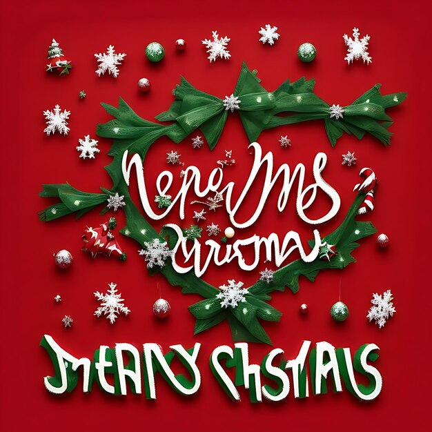 Photo merry christmas lettering on red background with snowflakes