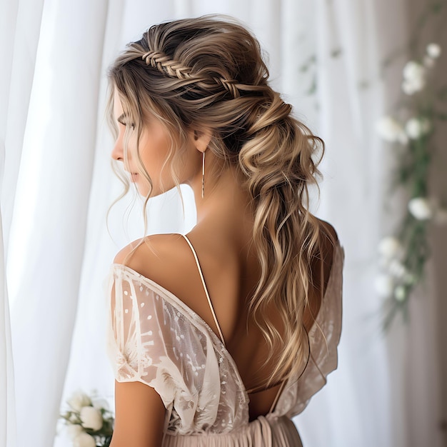 Photo photo of messy fishtail braid for women braided hairstyle caramel bal concept idea style art salon